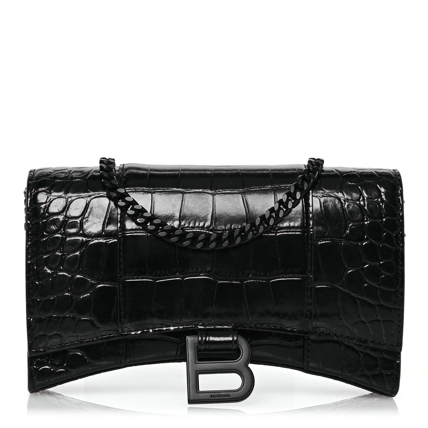 Shiny Calfskin Monochrome Crocodile Embossed Hourglass Chain Bag Black