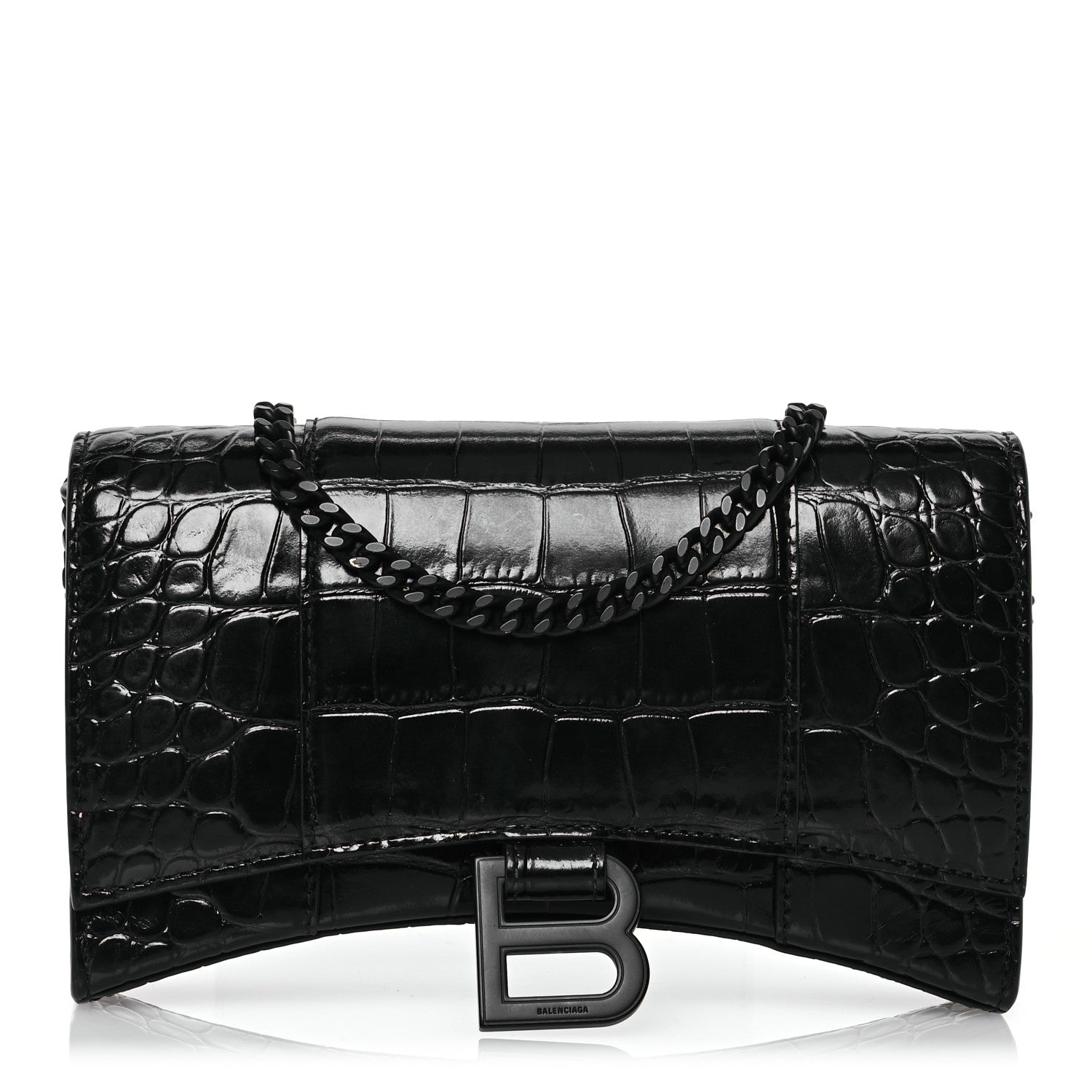 Balenciaga Shiny Calfskin Monochrome Crocodile Embossed Hourglass Chain Bag Black 1 of 15