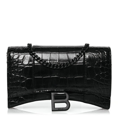 Balenciaga Shiny Calfskin Monochrome Crocodile Embossed Hourglass Chain Bag Black 1 of 15