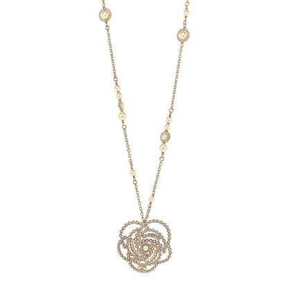Chanel Pearl Crystal Lace Camellia Necklace Gold 1 of 5