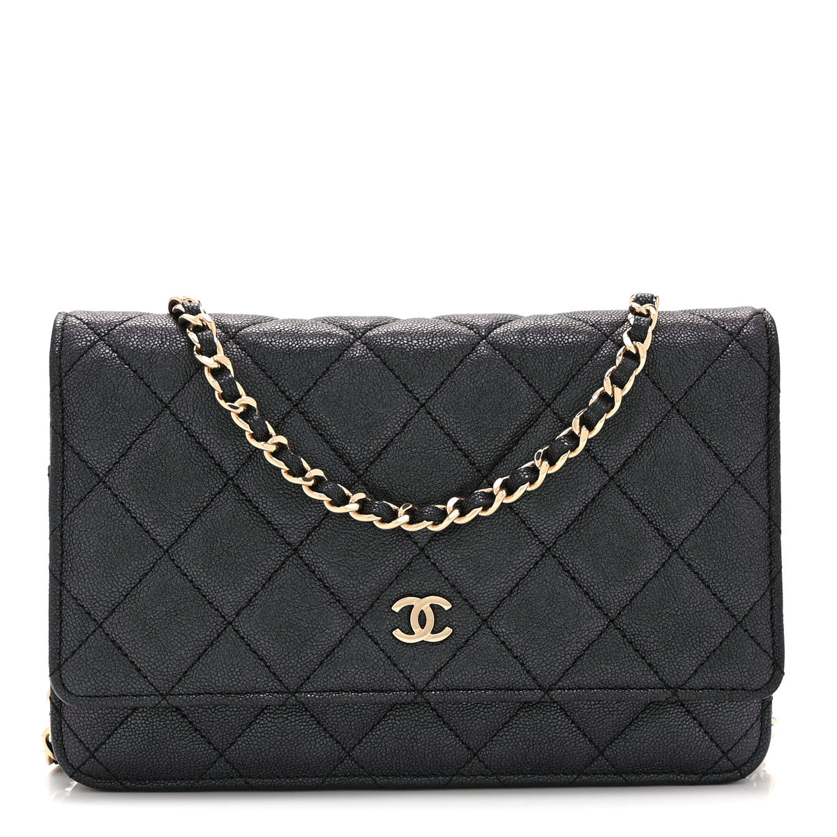 Iridescent Caviar Quilted Wallet on Chain WOC Dark Blue