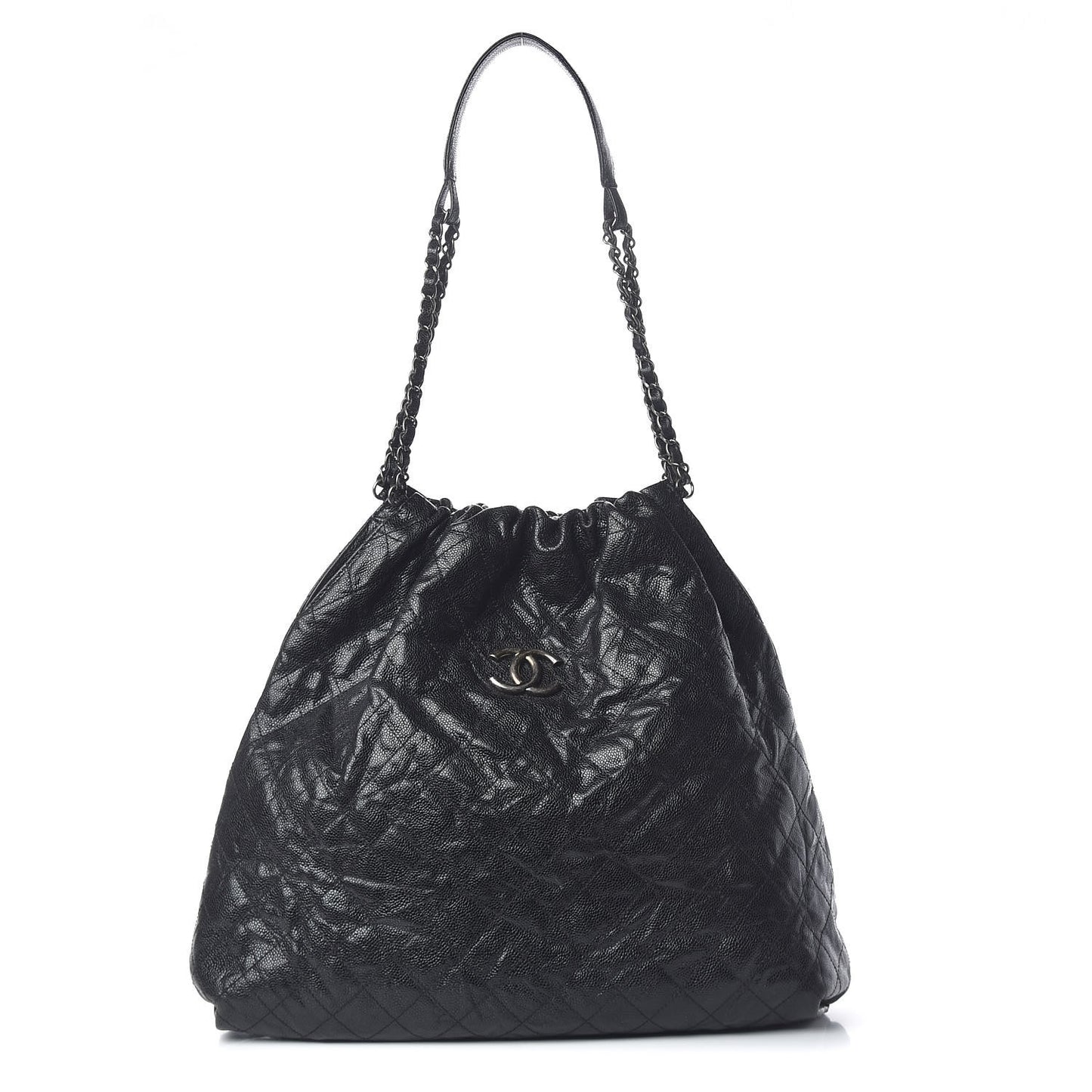 Distressed Glazed Caviar Quilted Large Elastic Tote Black