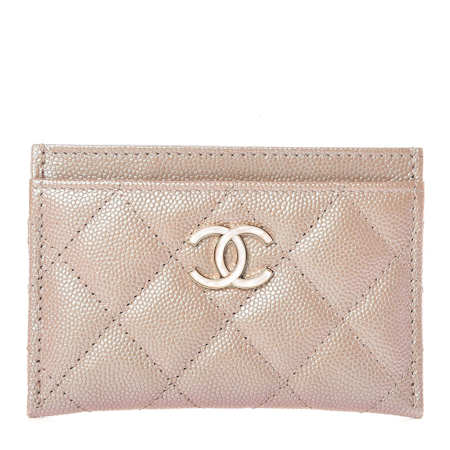 Iridescent Caviar Quilted Card Holder Beige