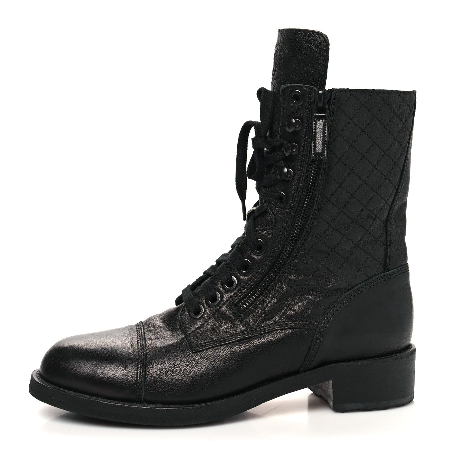 Chanel Sheepskin Quilted CC Tall Lace Up Combat Boots 41 Black 1 of 7