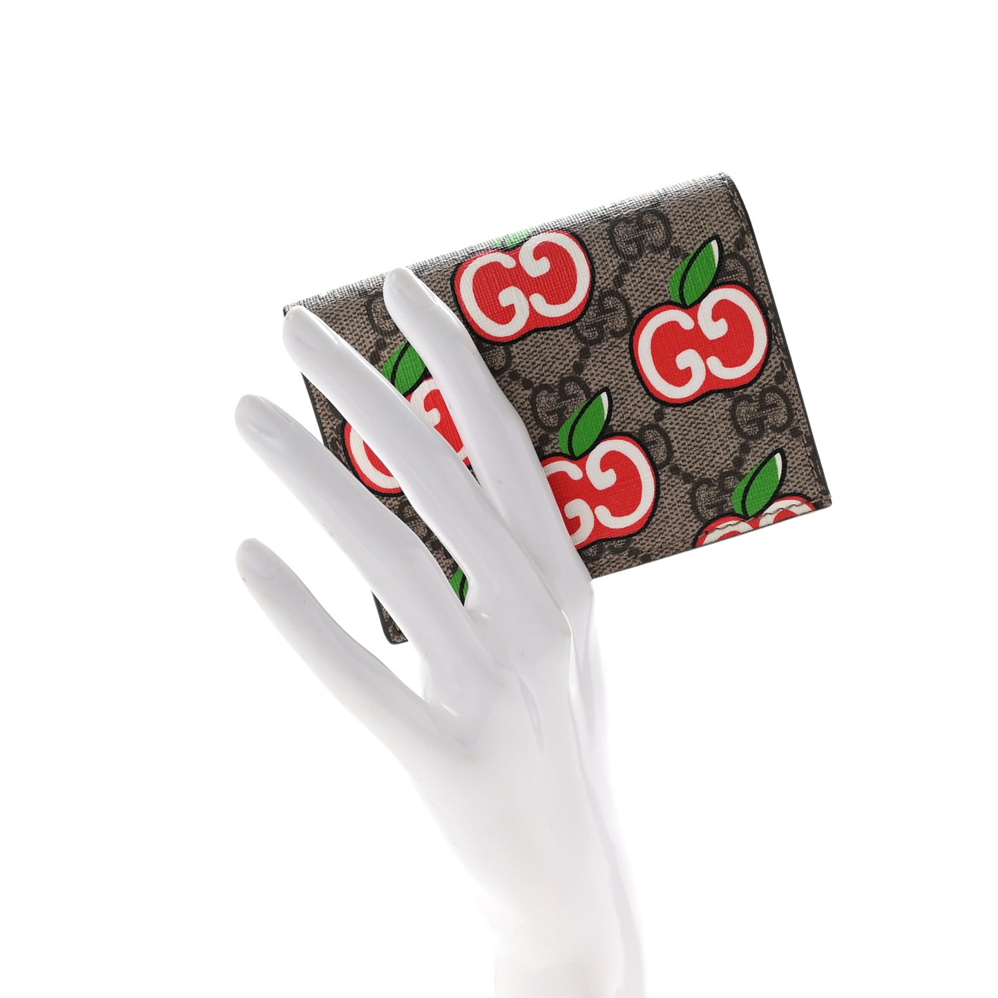 GG Supreme Monogram Apple Card Case Wallet Beige Multicolor Lobster Red