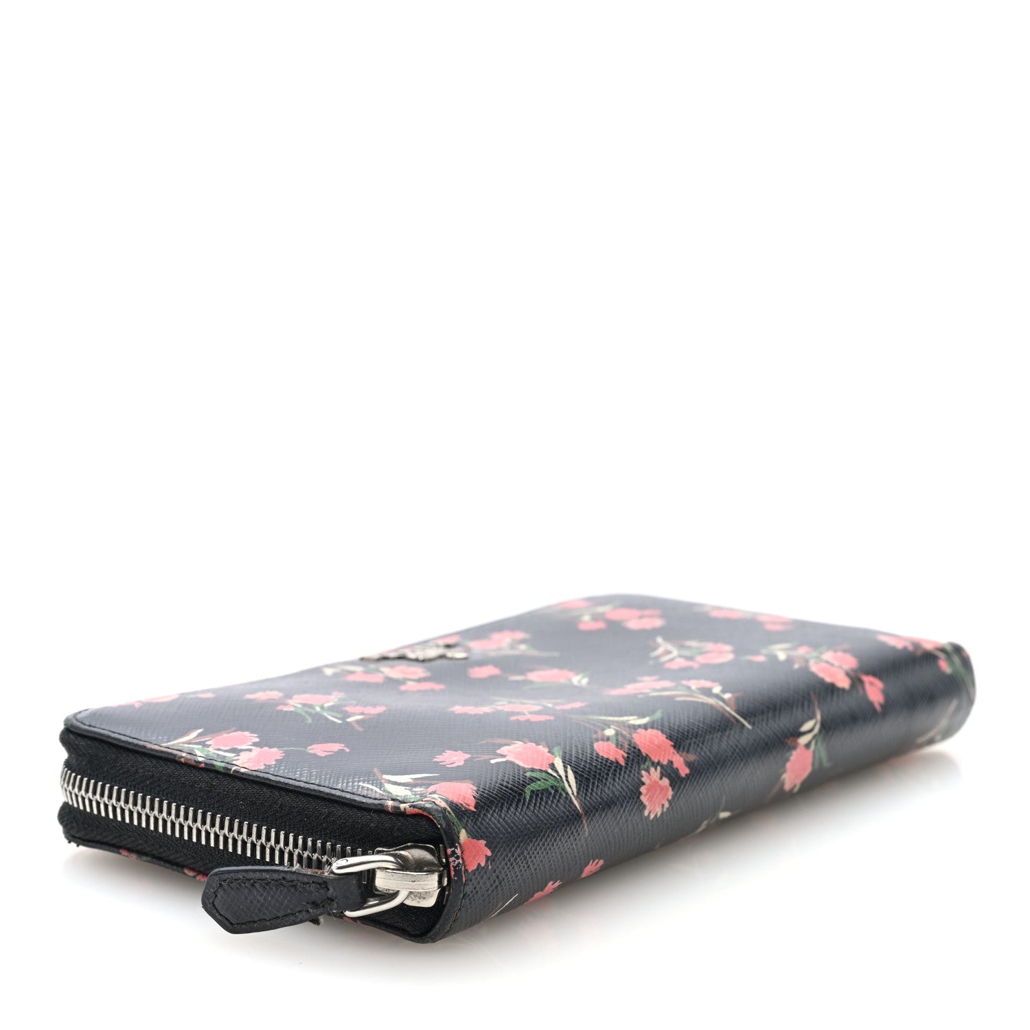 Prada Saffiano Floral Print Zip Around Wallet Black 4 of 6