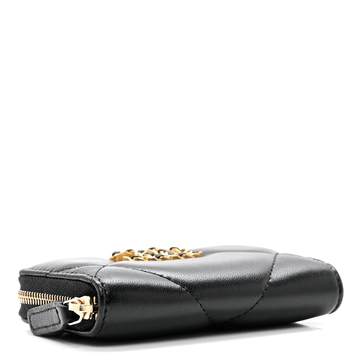 Lambskin Quilted Chanel 19 Zip Around Coin Purse Wallet Black