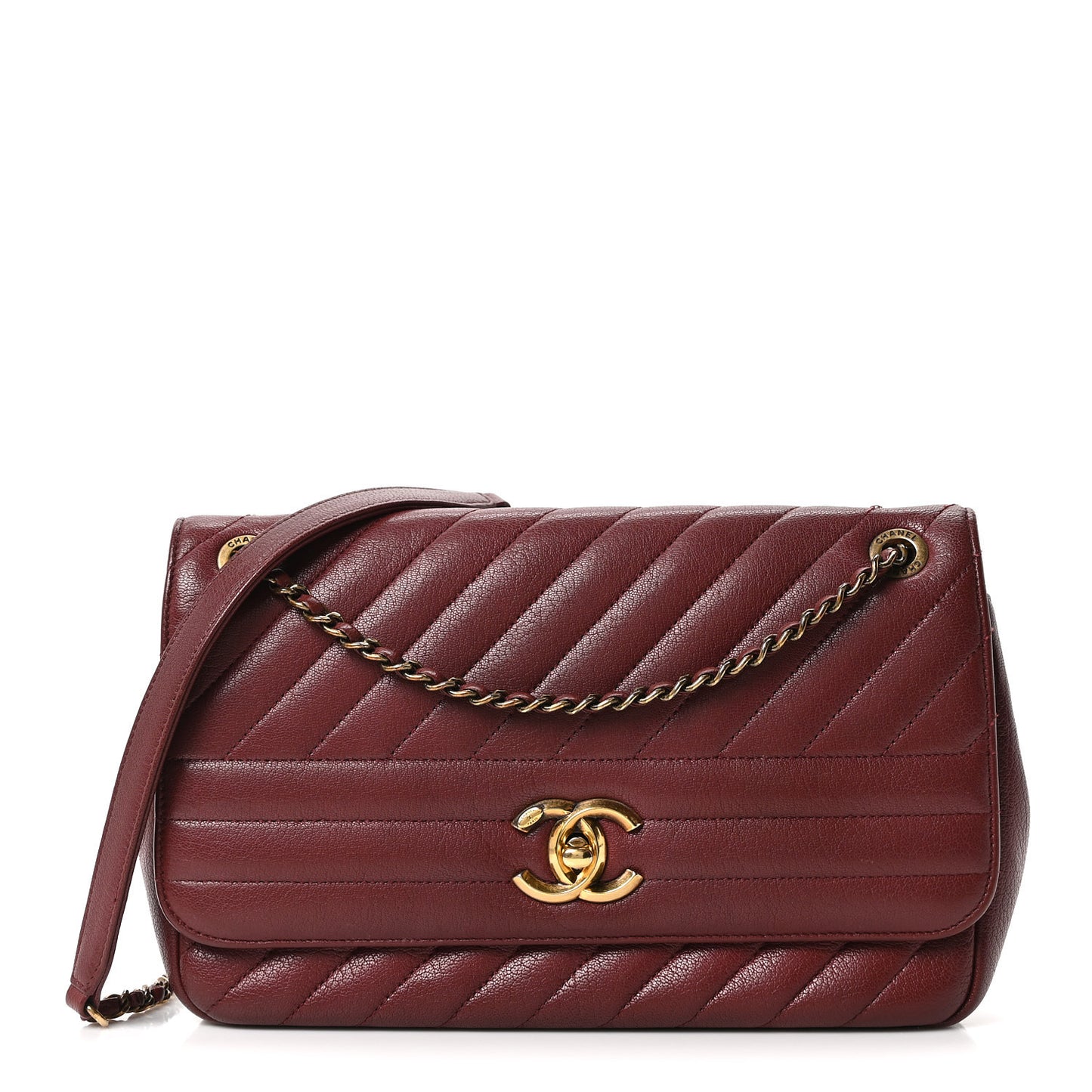 Shiny Goatskin Diagonal Quilted Medium Flap Burgundy