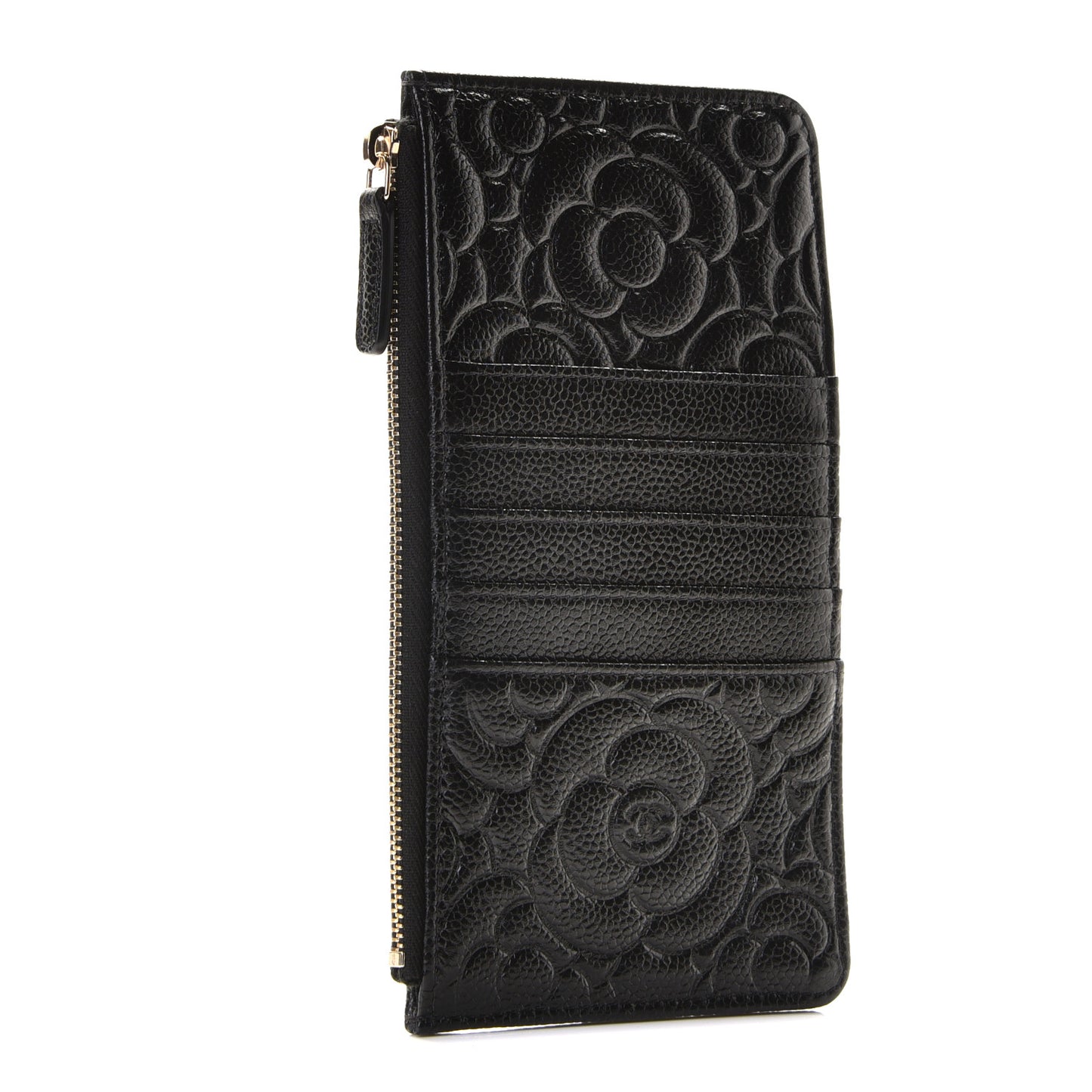 Caviar Camellia Embossed Classic Flat Wallet Pouch Black