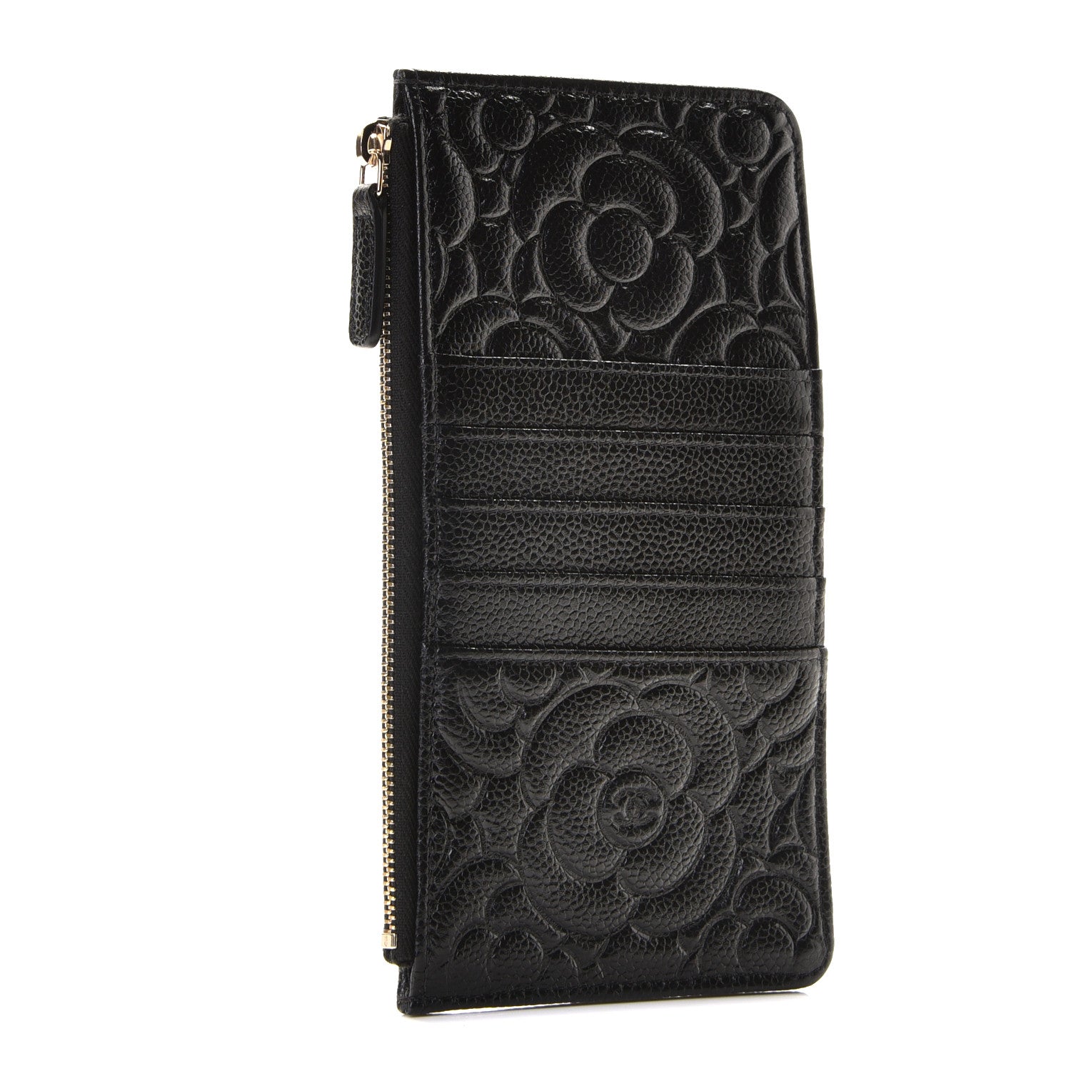 Chanel Caviar Camellia Embossed Classic Flat Wallet Pouch Black 2 of 7