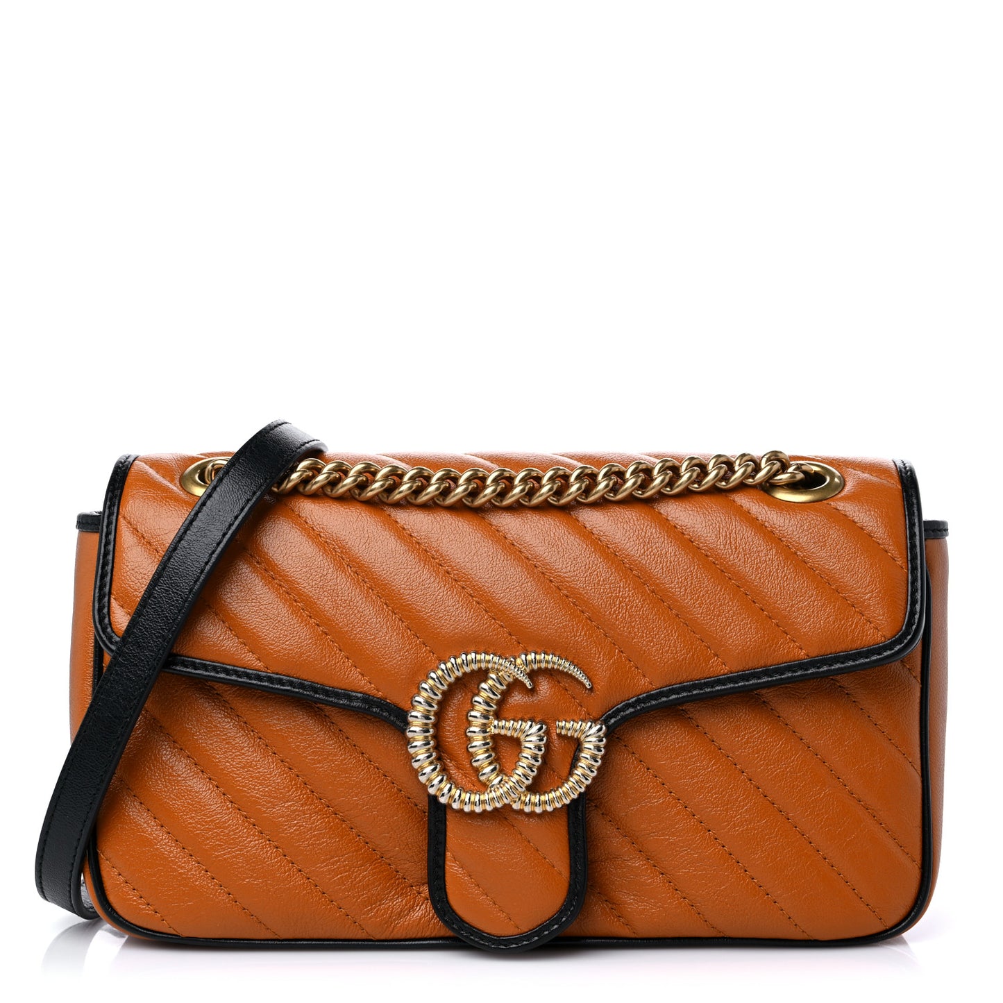 Vintage Effect Calfskin Matelasse Diagonal Small Torchon GG Marmont Shoulder Bag Cognac Black