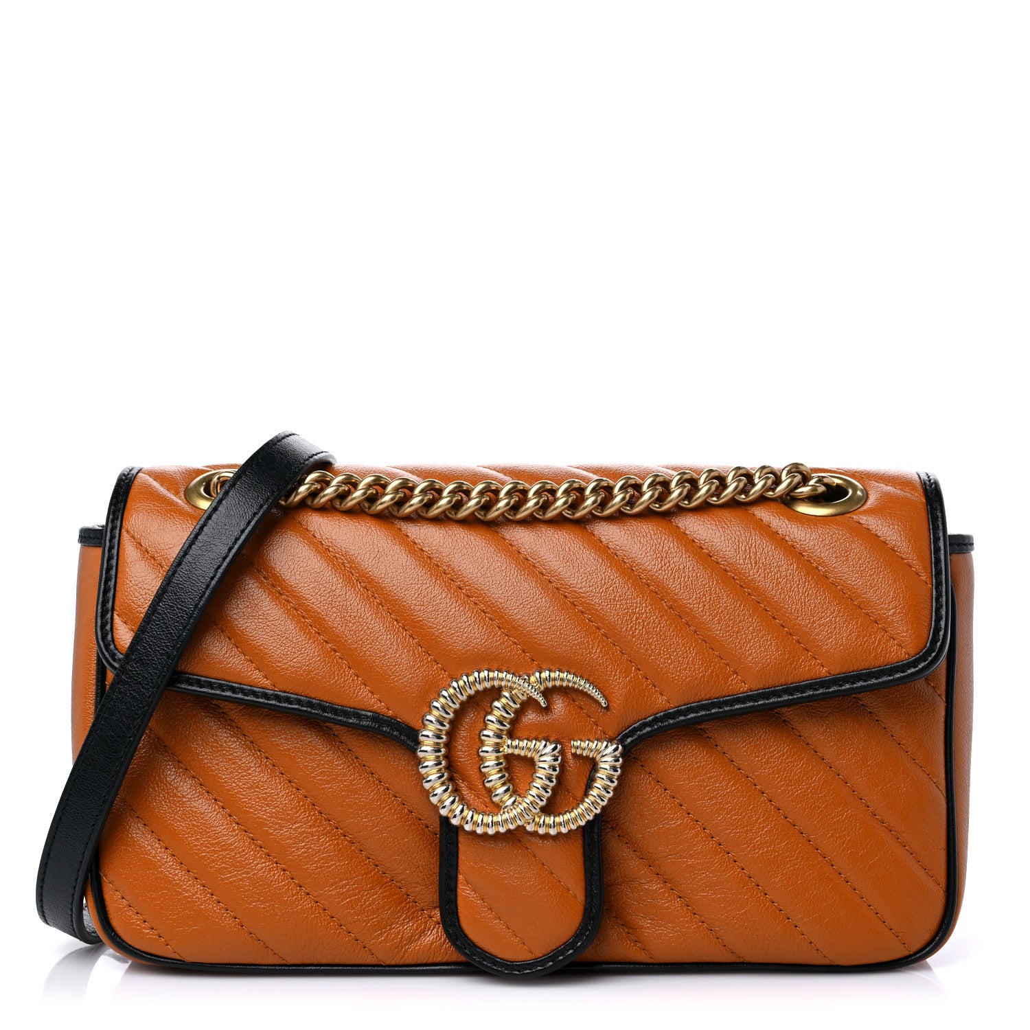 Gucci Vintage Effect Calfskin Matelasse Diagonal Small Torchon GG Marmont Shoulder Bag Cognac Black 2 of 10