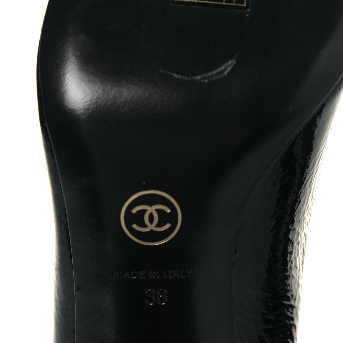 Patent Calfskin Crystal Cap Toe Logo Pumps 38 Black