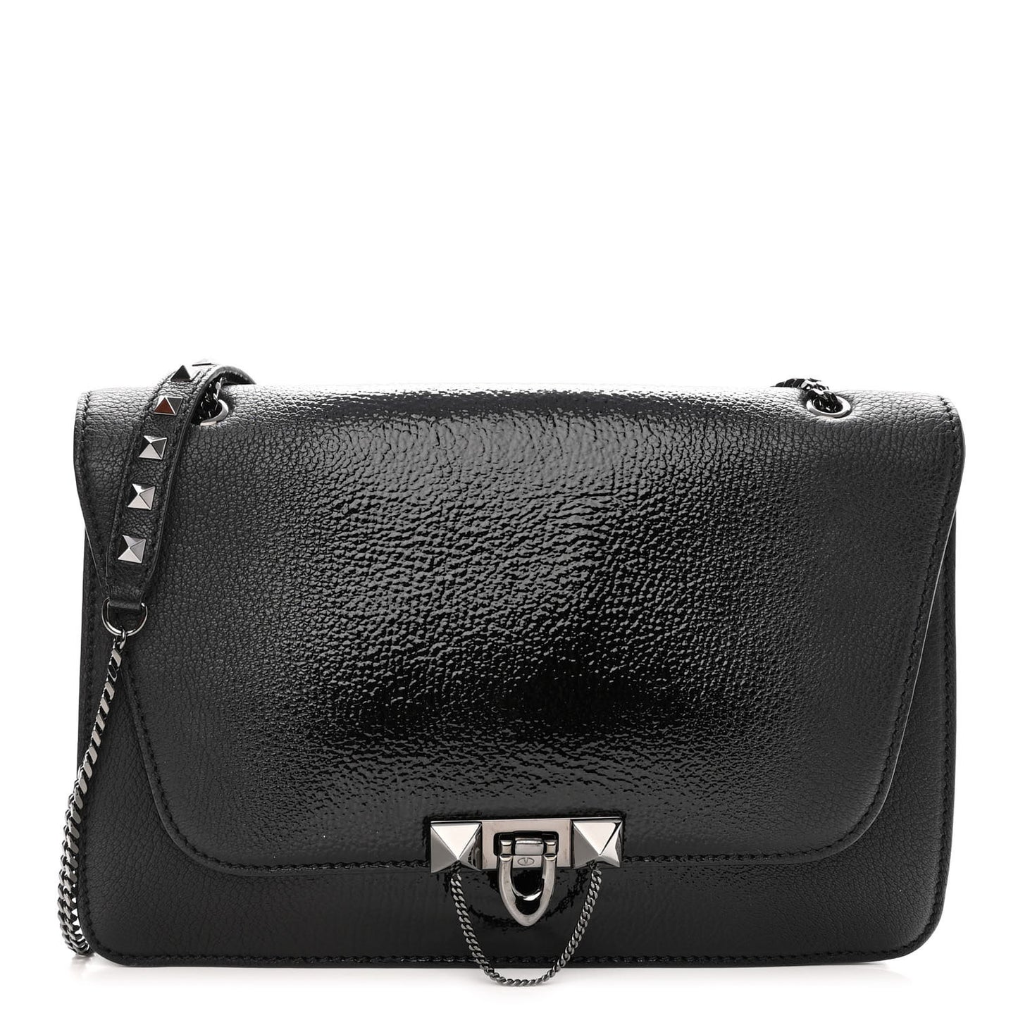 Patent Pebbled Calfskin Medium Rockstud Demilune Shoulder Bag Black