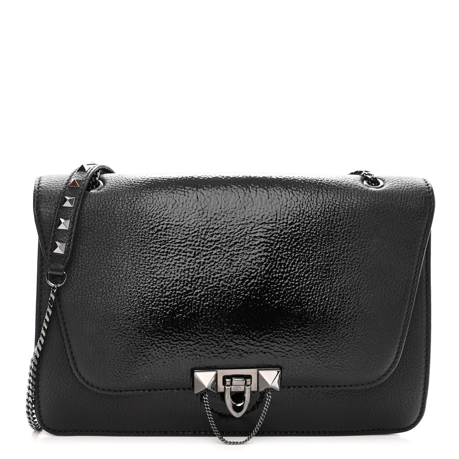 Valentino Garavani Patent Pebbled Calfskin Medium Rockstud Demilune Shoulder Bag Black 1 of 9