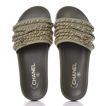 Chanel Canvas Chain Flat Sandals 37 Khaki 5 of 13