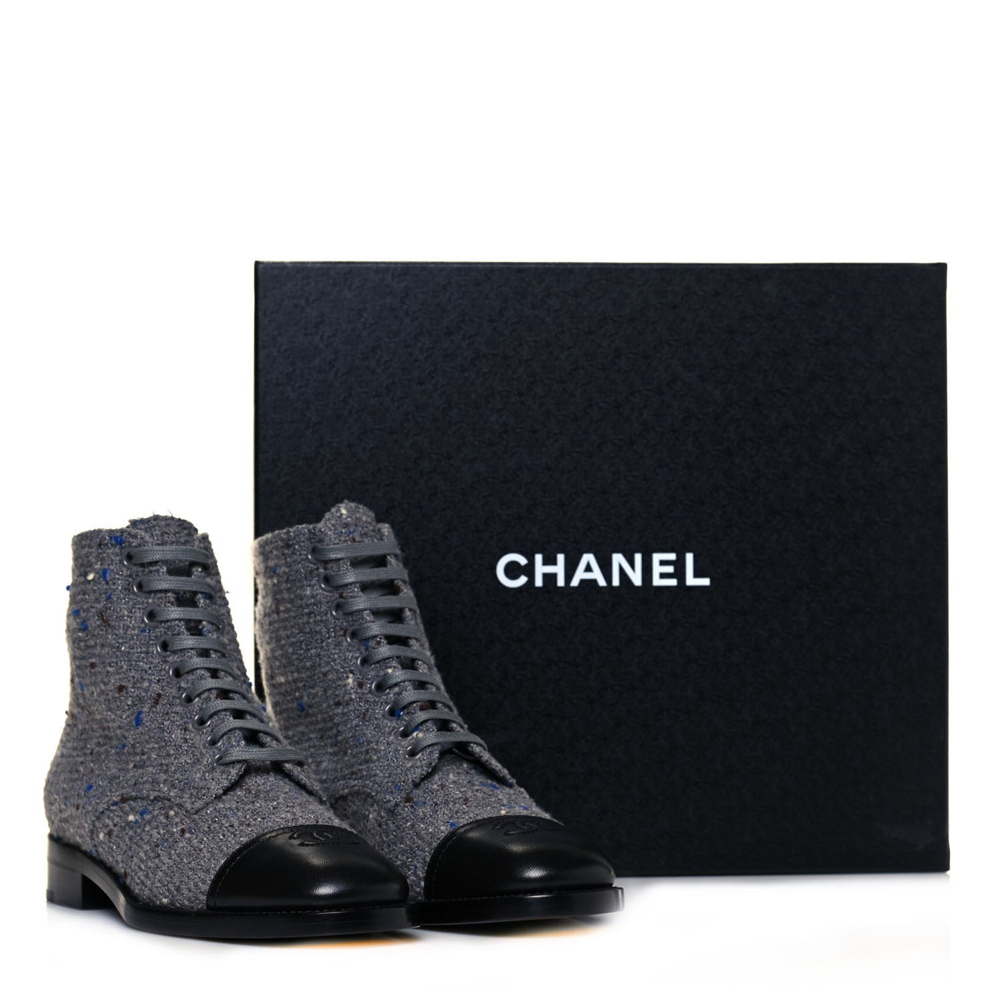 Tweed Lambskin Cap Toe CC Lace Up Boots 37 Grey Black