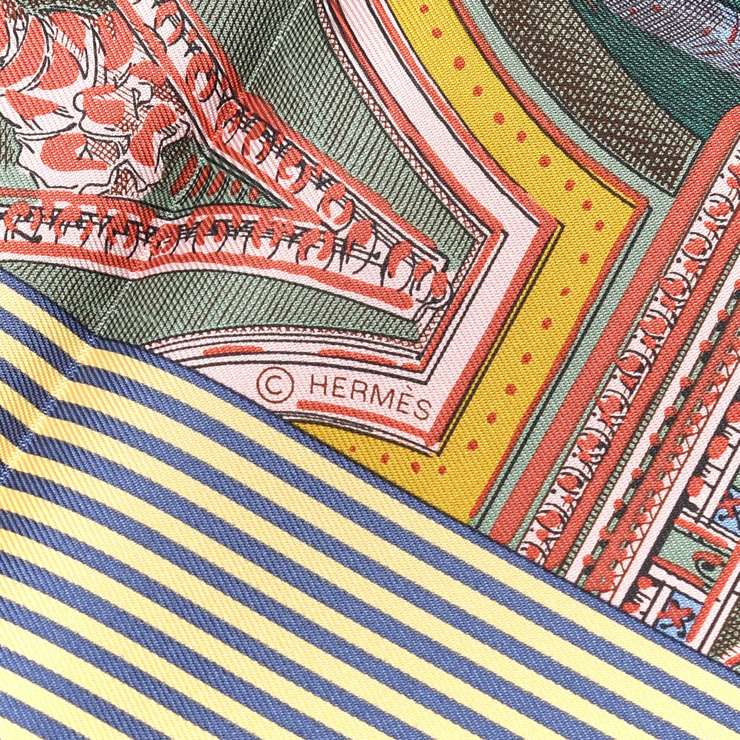 Silk Twill Grande Theatre Nouveau Scarf 90 Bleu Jean Vert Moutarde