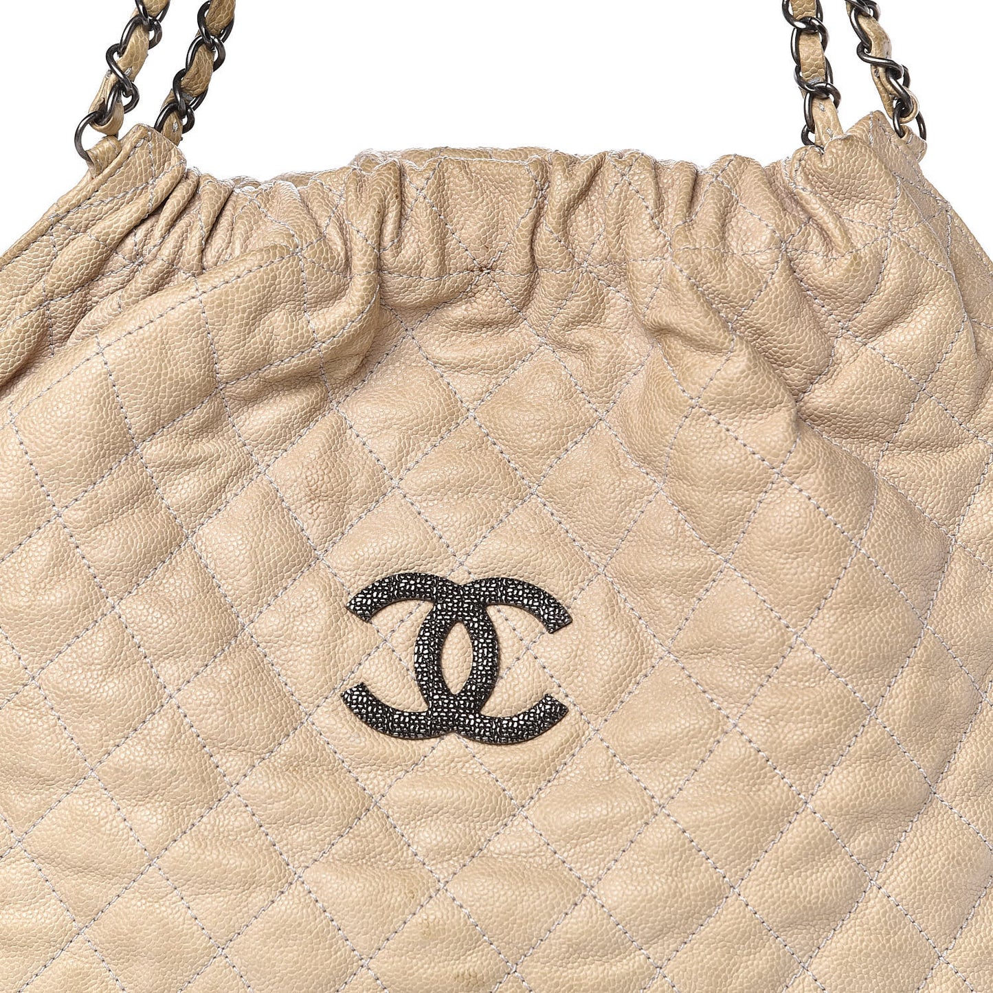 Distressed Glazed Caviar Quilted Large Elastic Tote Beige