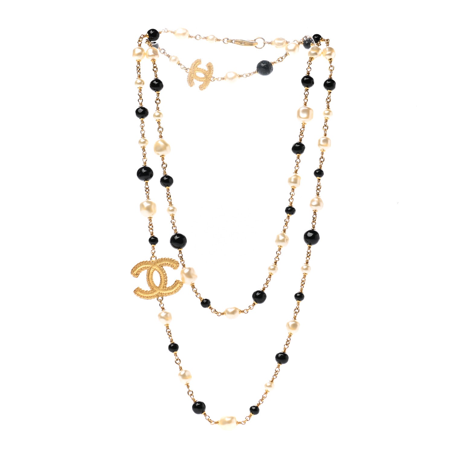 Chanel Irregular Pearl Bead CC Long Necklace Black Gold 3 of 5