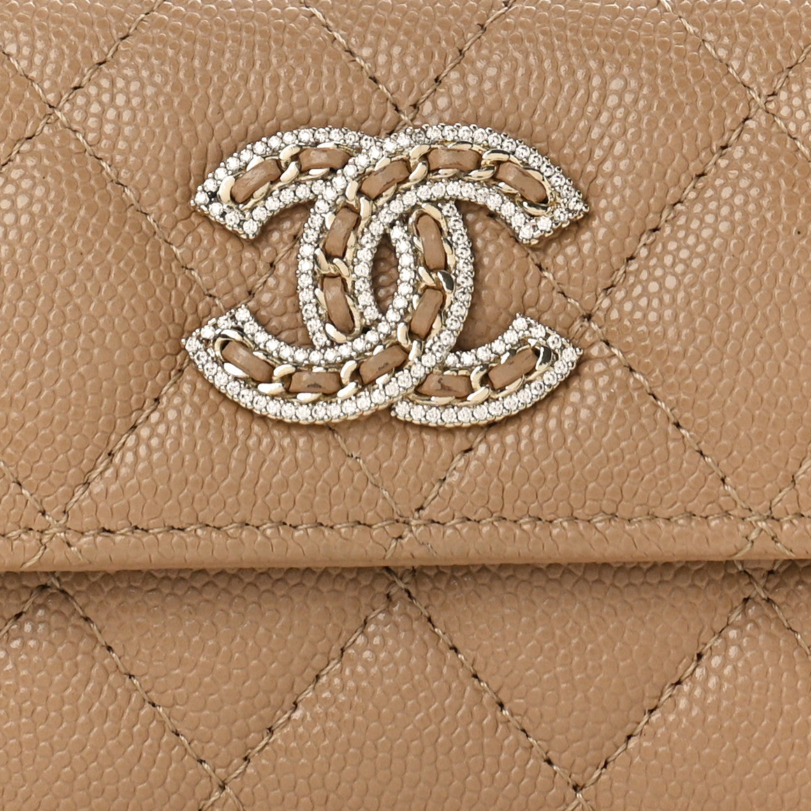 Caviar Quilted Crystal CC Flap Card Holder Beige