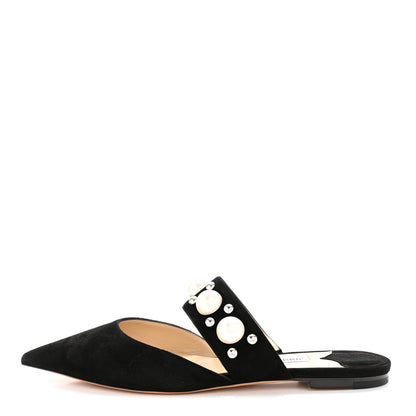 Jimmy Choo Suede Pearly Stud Embellished Basette Flat Mules 39 Black White 1 of 9