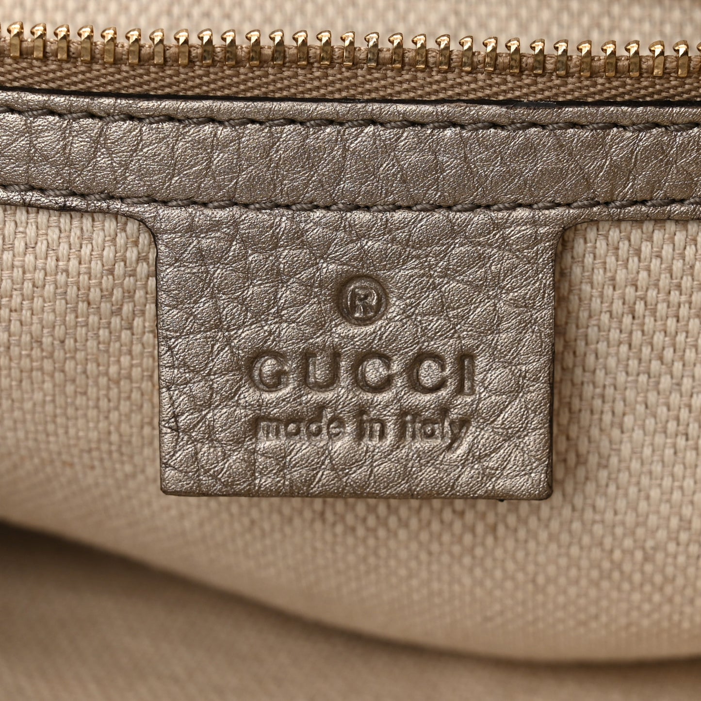 Metallic Pebbled Calfskin Small Soho Top Handle Bag Golden Beige