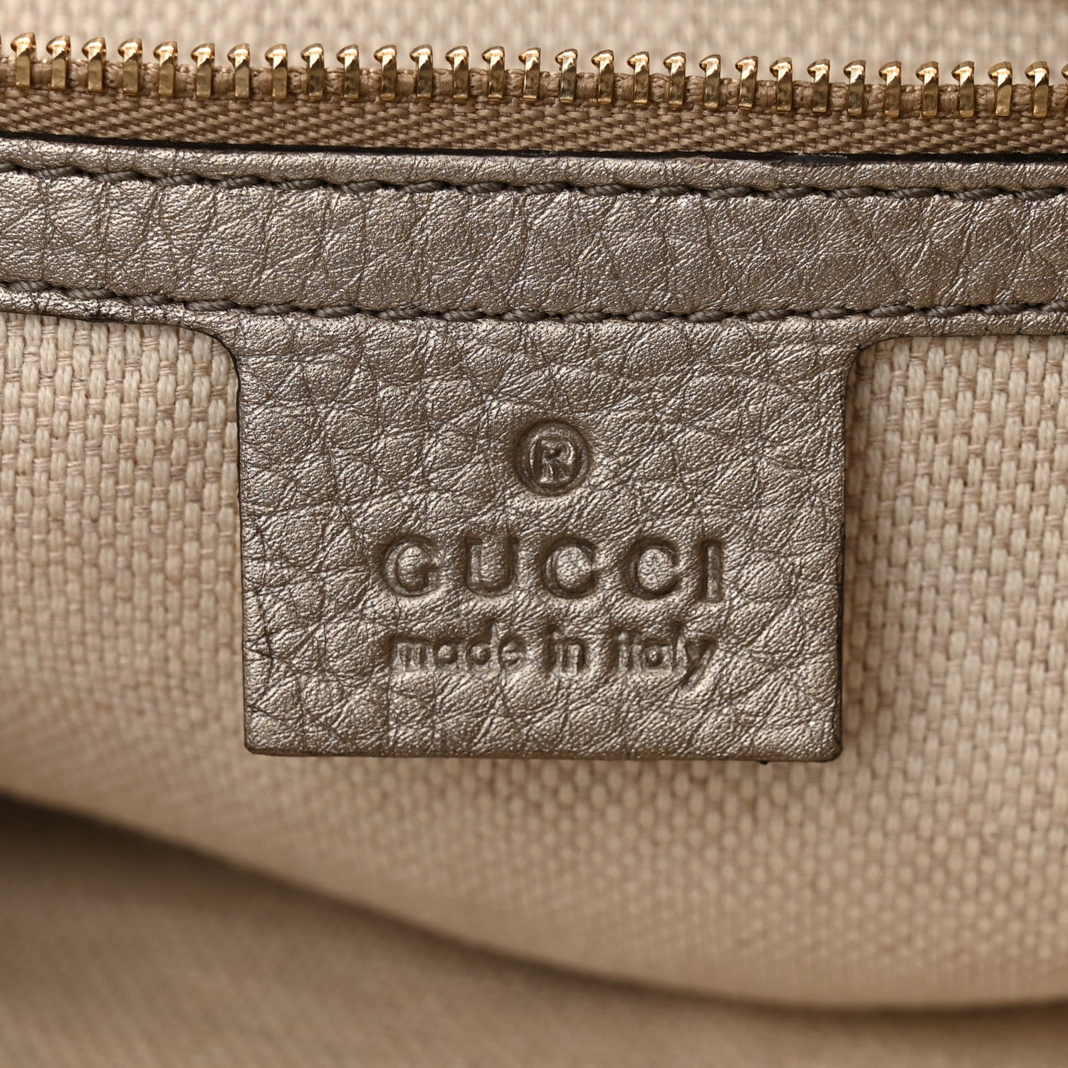 Gucci Metallic Pebbled Calfskin Small Soho Top Handle Bag Golden Beige 7 of 9