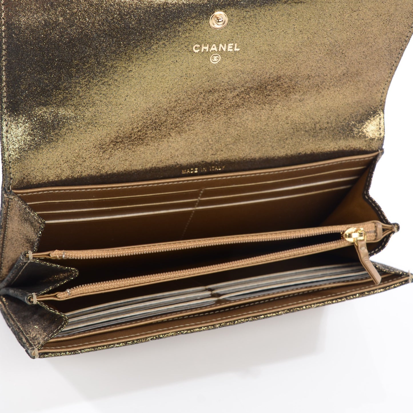 Iridescent Calfskin Quilted Tartan Button Large Gusset Flap Wallet Gold