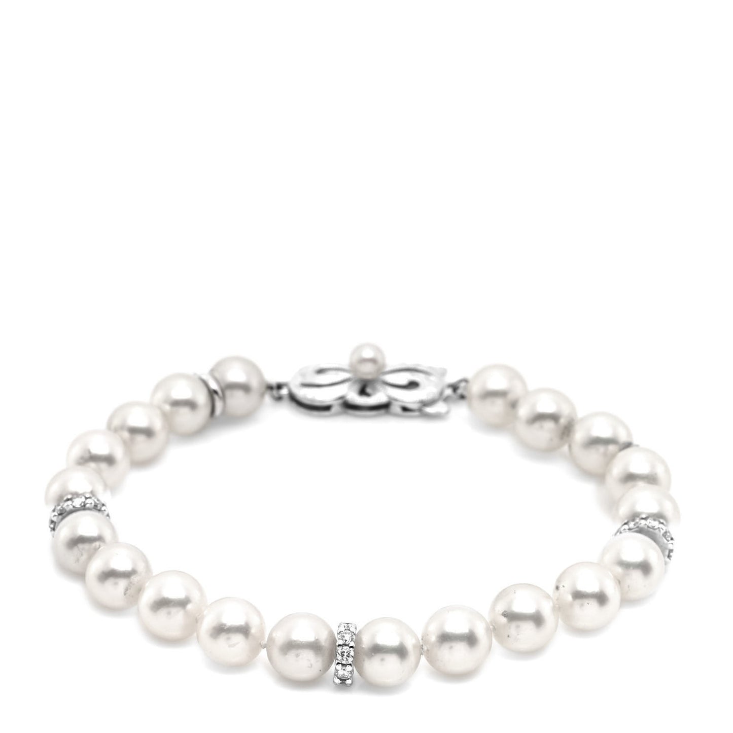 18K White Gold Diamond Akoya Cultured Pearl 7mm Strand Bracelet