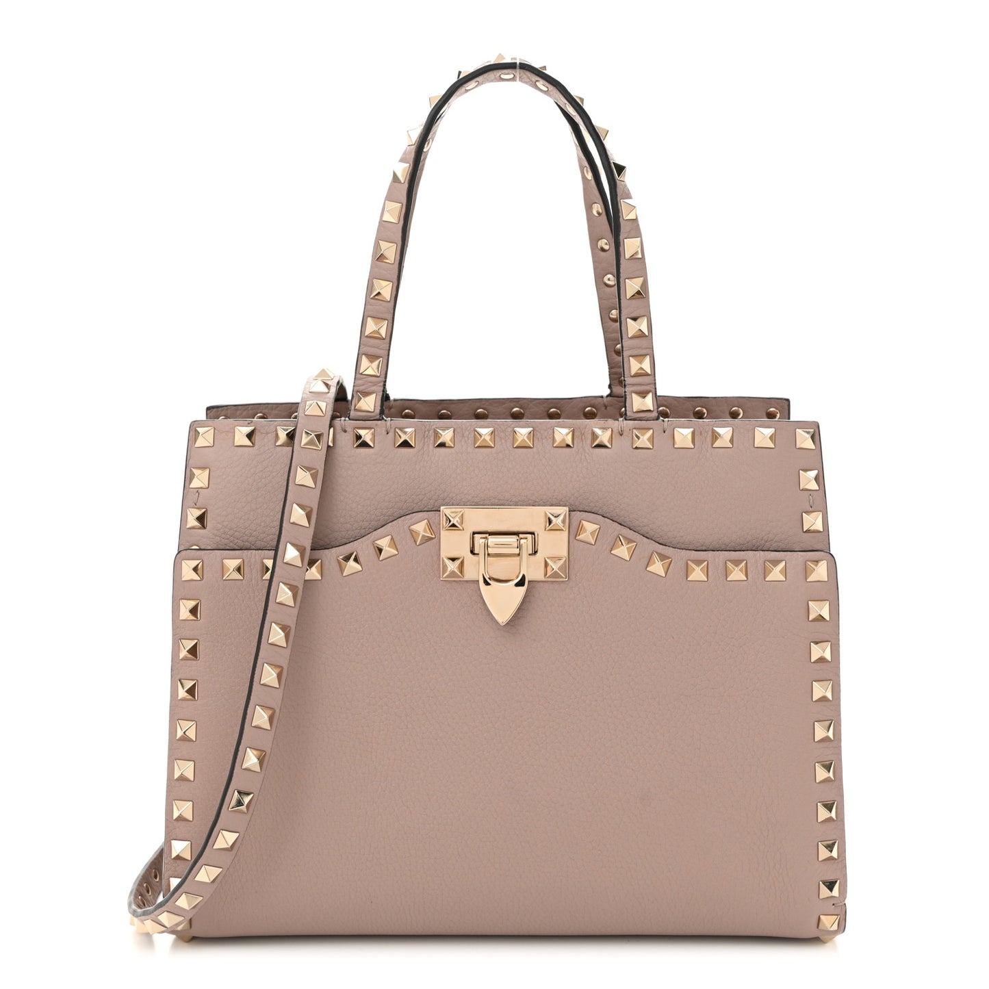 Grained Calfskin Rockstud Flip Lock Tote Poudre