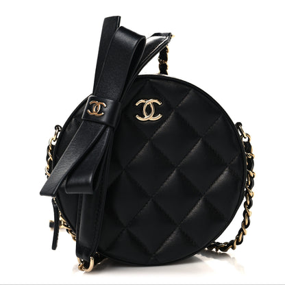 Chanel Lambskin Quilted Coco Bow Round Clutch With Chain Black 1 of 10