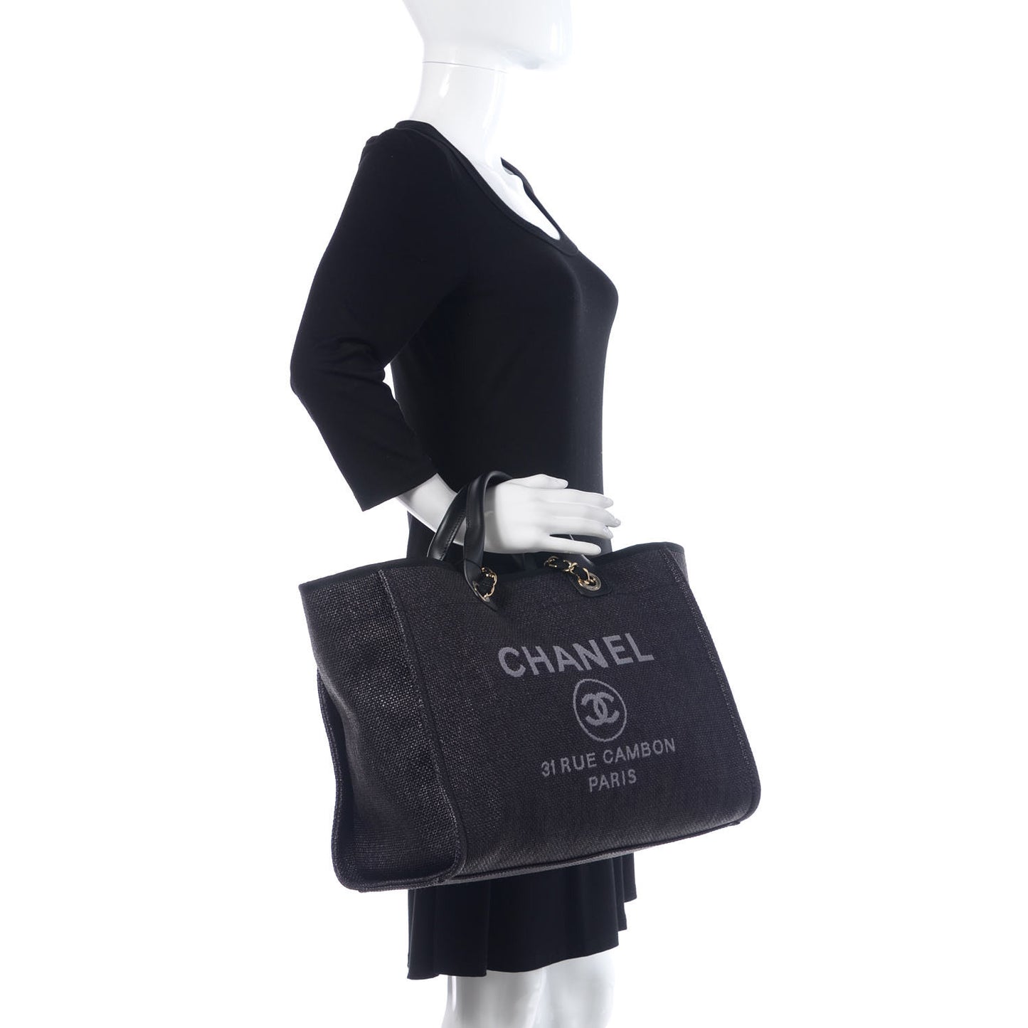 Woven Straw Raffia Large Deauville Tote Black