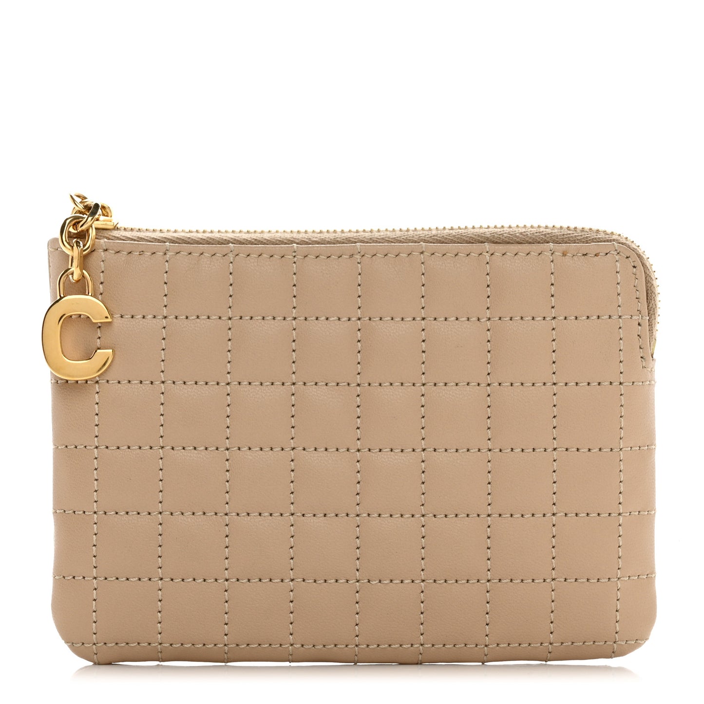 Calfskin Quilted C Charm Coin Card Pouch Nude