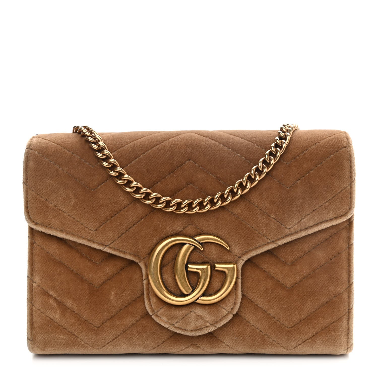 Gucci Velvet Matelasse GG Marmont Chain Wallet Taupe 1 of 12
