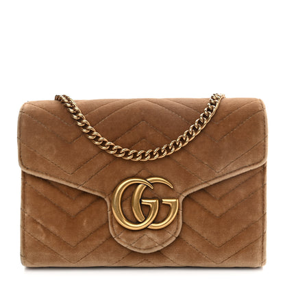 Gucci Velvet Matelasse GG Marmont Chain Wallet Taupe 1 of 12