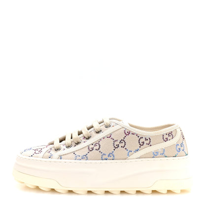 Gucci Canvas Lame Crystal GG Monogram Womens 1977 Tennis Platform 52mm Sneakers 38 Gardenia Silver Mystic White 1 of 9