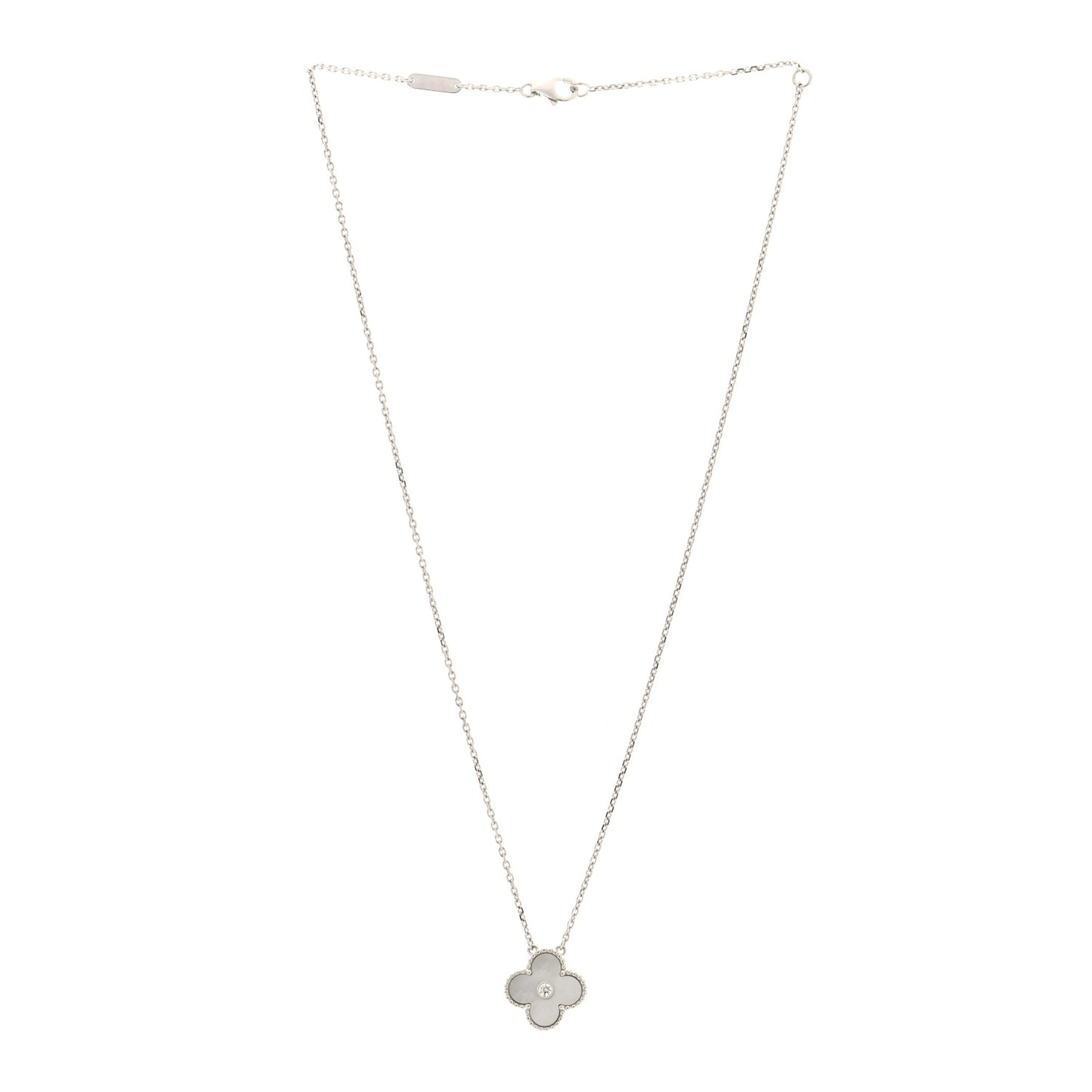 18K White Gold Diamond Mother of Pearl Vintage Alhambra Pendant Necklace