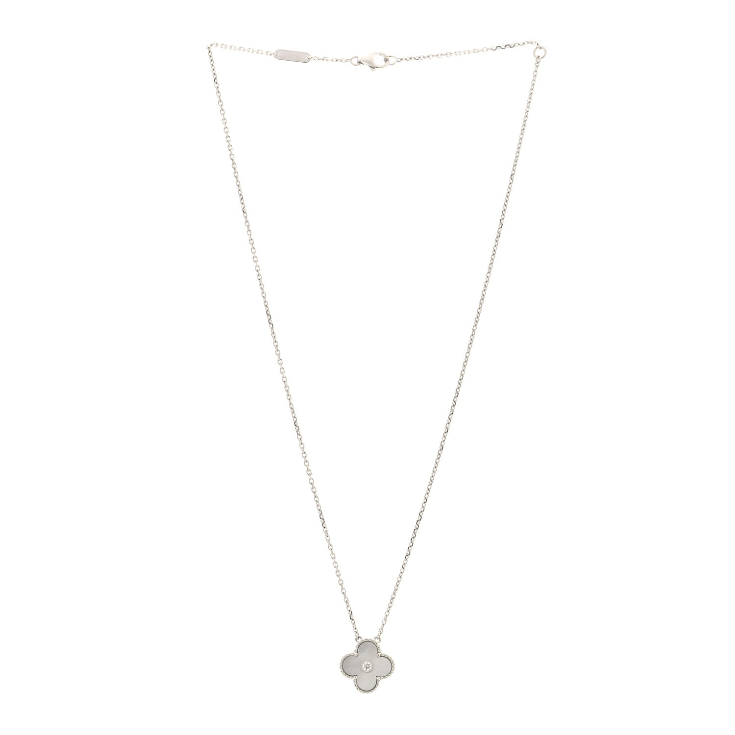 Van Cleef & Arpels 18K White Gold Diamond Mother of Pearl Vintage Alhambra Pendant Necklace 3 of 4