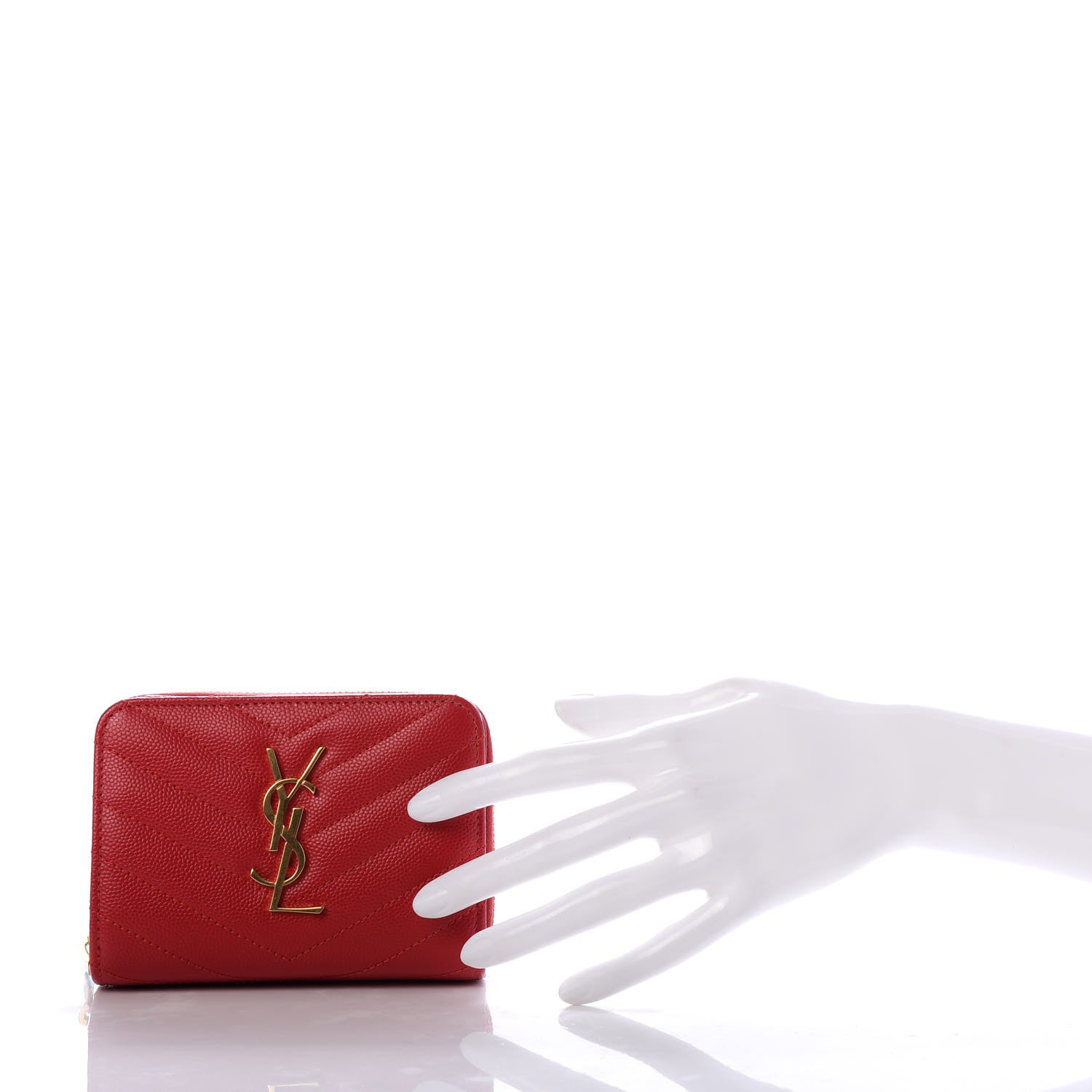 Saint Laurent Grain De Poudre Matelasse Chevron Monogram Compact Zip Around Wallet New Red 2 of 7