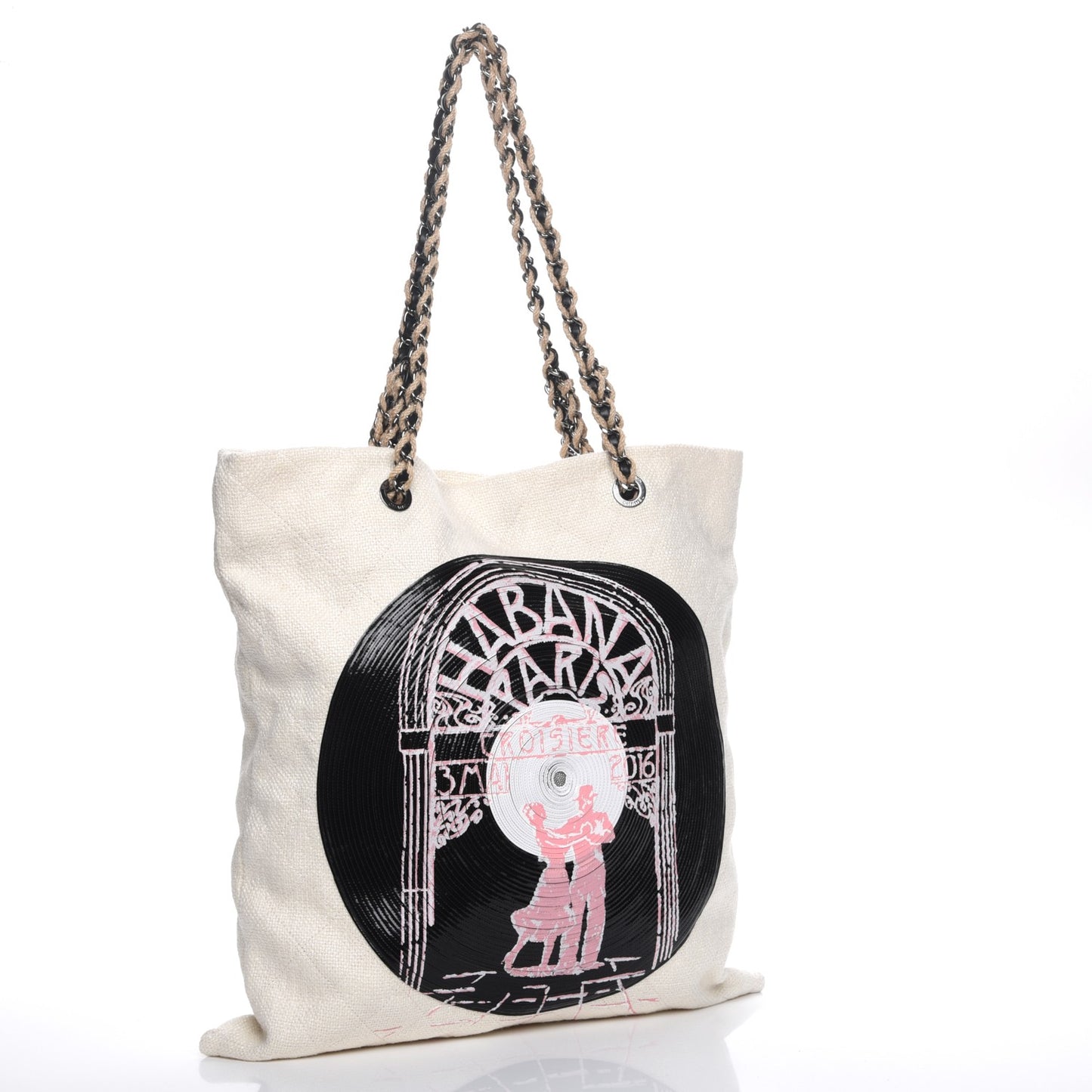Canvas Embroidered Cuba Large Shopping Tote Ivory Black