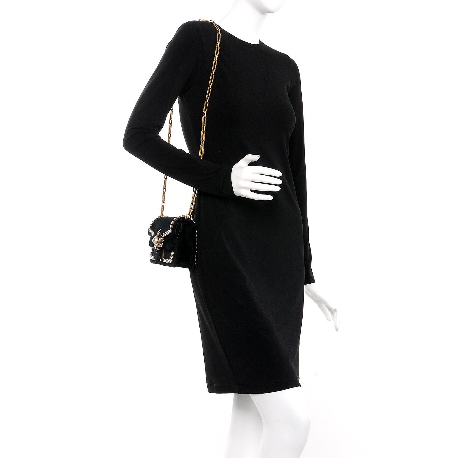 Gucci Velvet Crystal Mini Bee Broadway Shoulder Bag Black 2 of 8