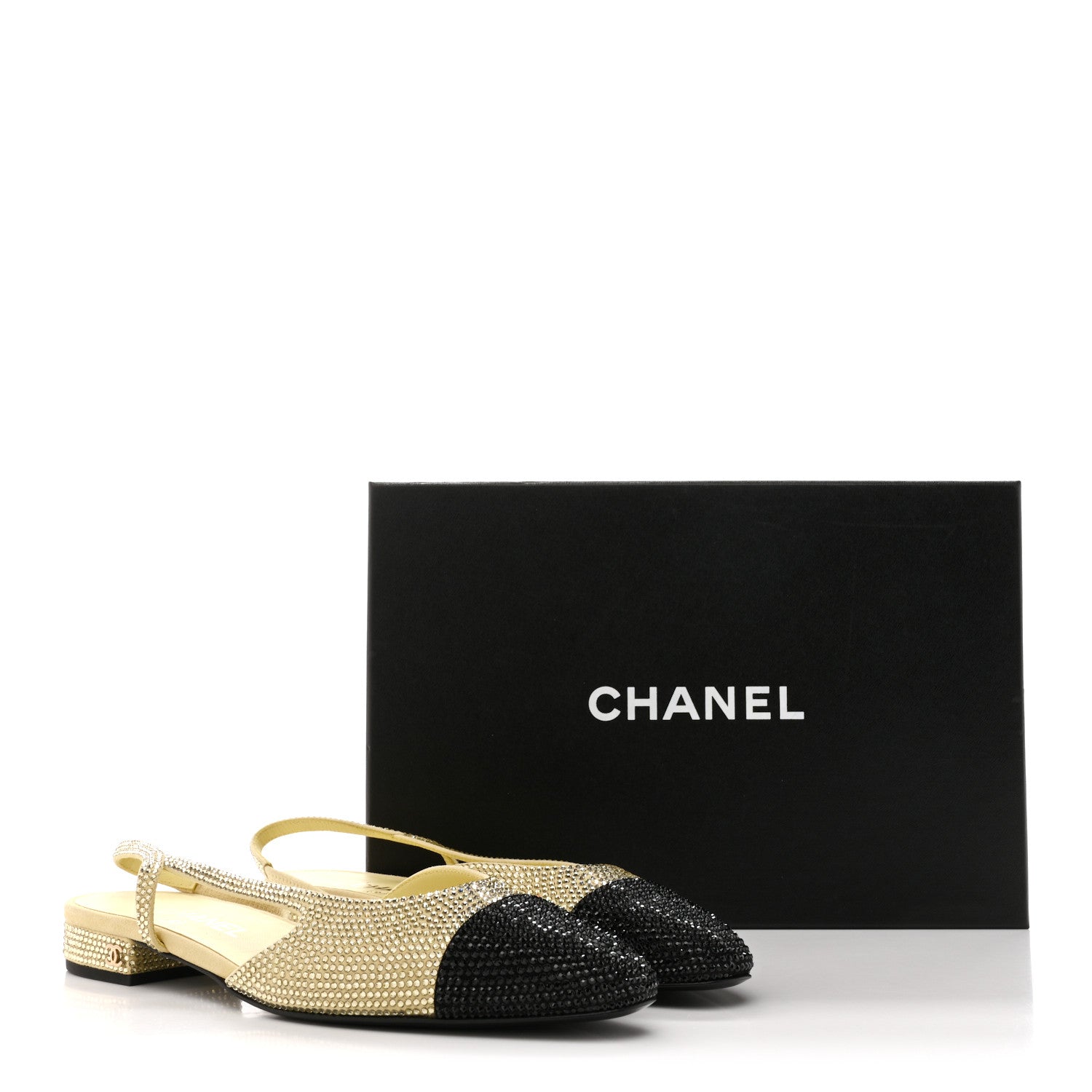 Chanel Strass Grosgrain Cap Toe CC Slingback Flats 39 Yellow Black