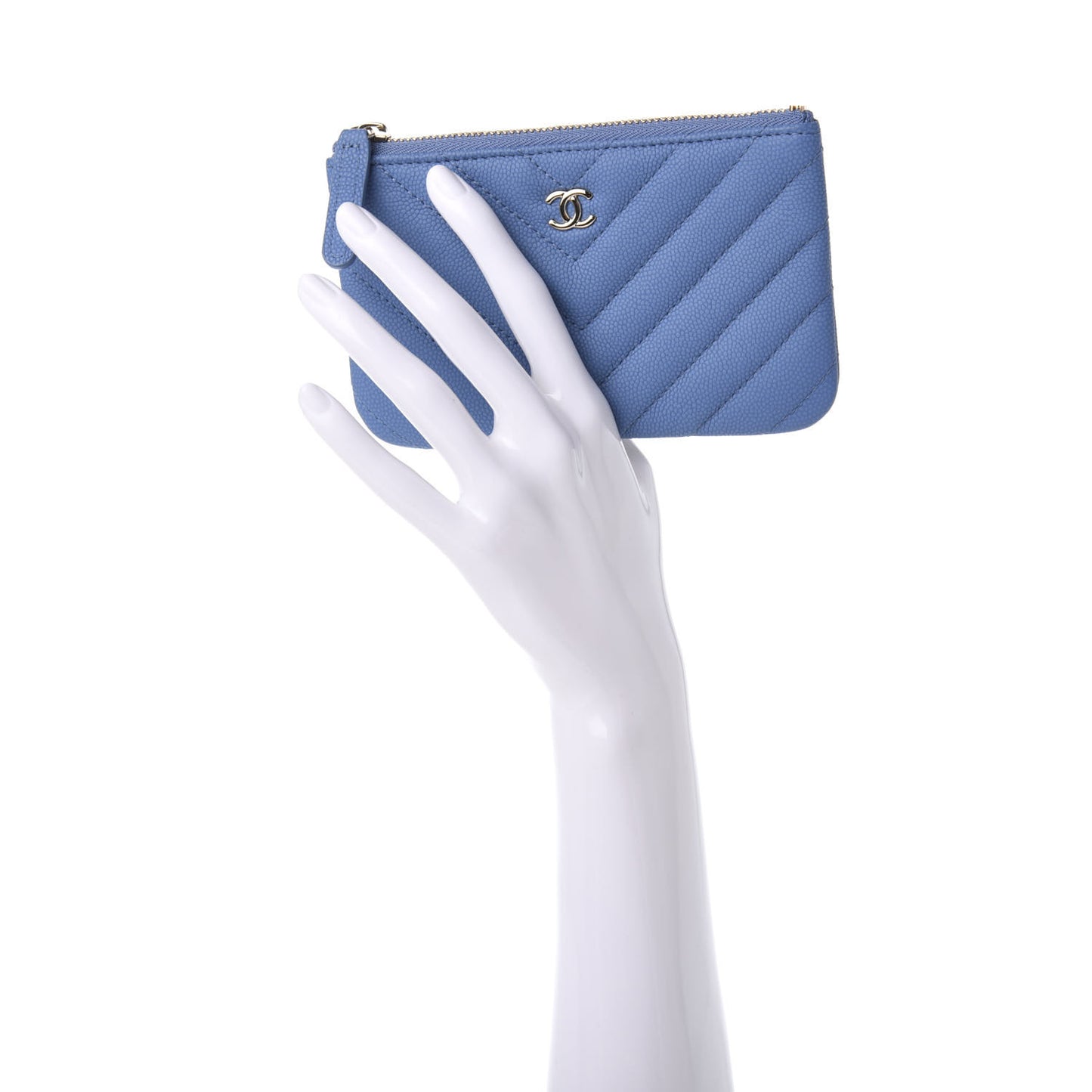 Caviar Flat Chevron Quilted Small Cosmetic Case Blue