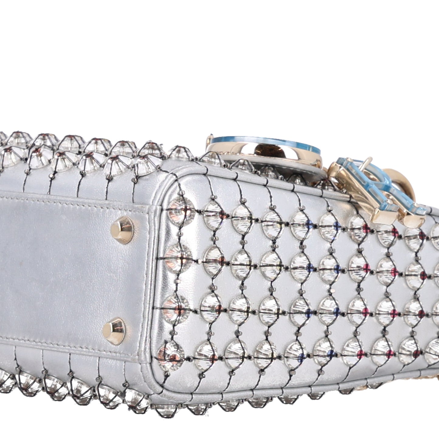 Metallic Calfskin Satin Celestial Bead Embroidery Cannage Mini Lady Dior Silver