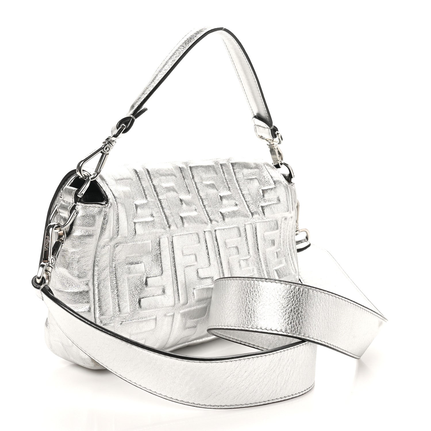 Fendi Vitello Catalan Mirror FF 1974 Embossed Baguette Argento 3 of 10