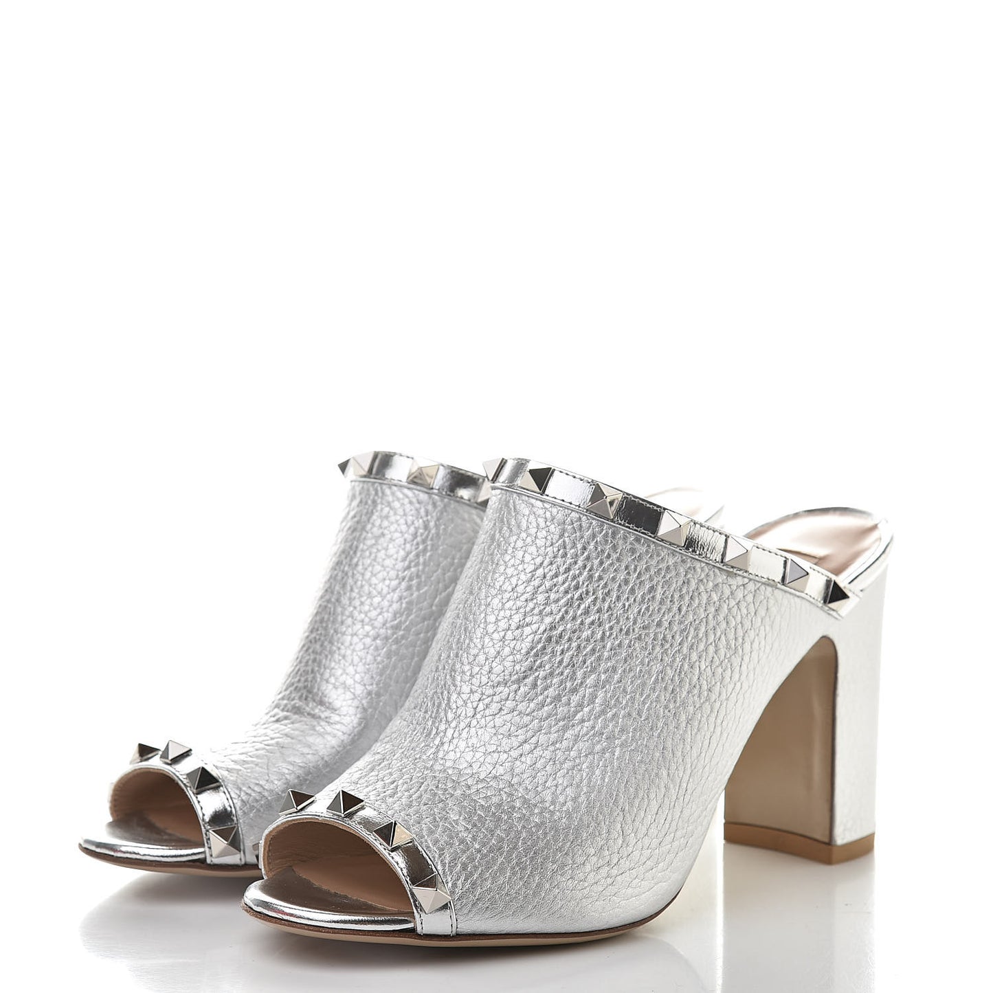 Metallic Pebbled Calfskin Rockstud High Heel Slide Sandals 37 Silver