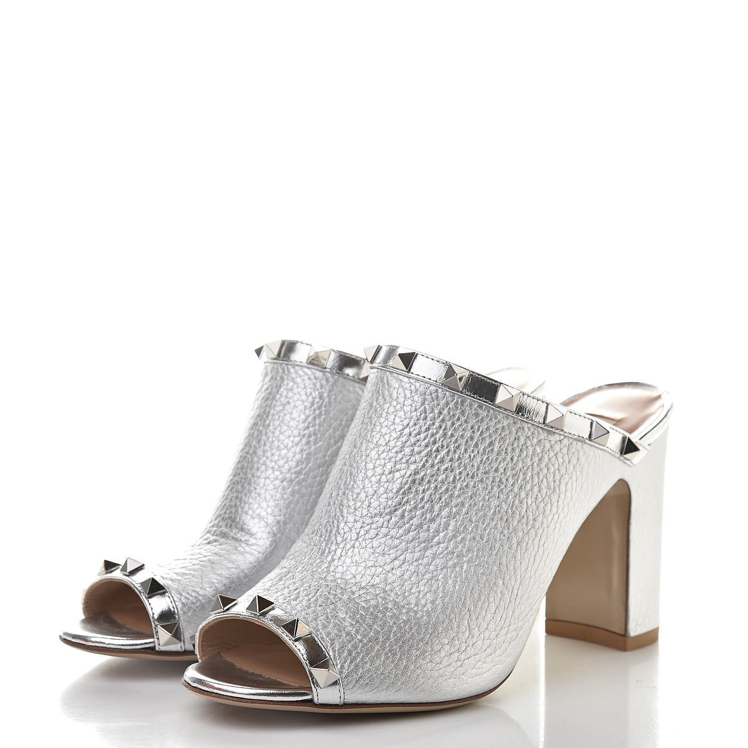 Valentino Garavani Metallic Pebbled Calfskin Rockstud High Heel Slide Sandals 37 Silver 3 of 10
