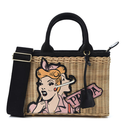 Prada Wicker Canvas Patch Comics Shoulder Bag Black 1 of 9