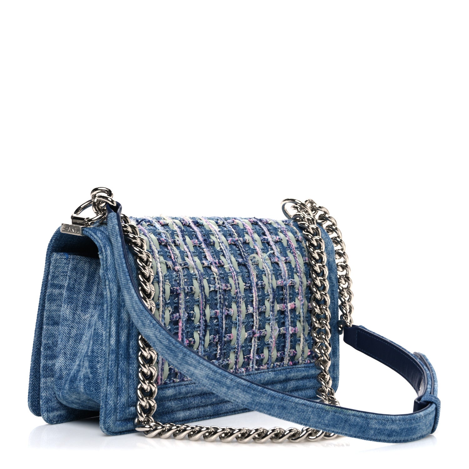 Chanel Cotton Tweed Denim Medium Boy Flap Light Green Light Blue 3 of 11
